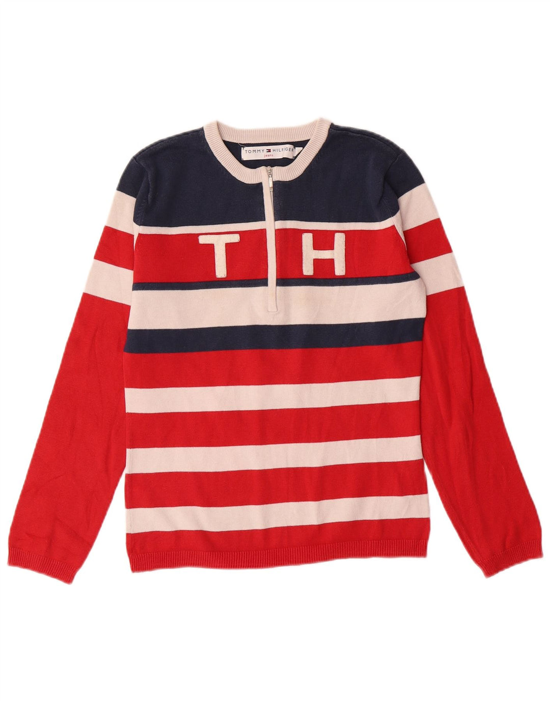 Γυναικείο πουλόβερ με φερμουάρ TOMMY HILFIGER UK 12 μεσαίο κόκκινο ριγέ