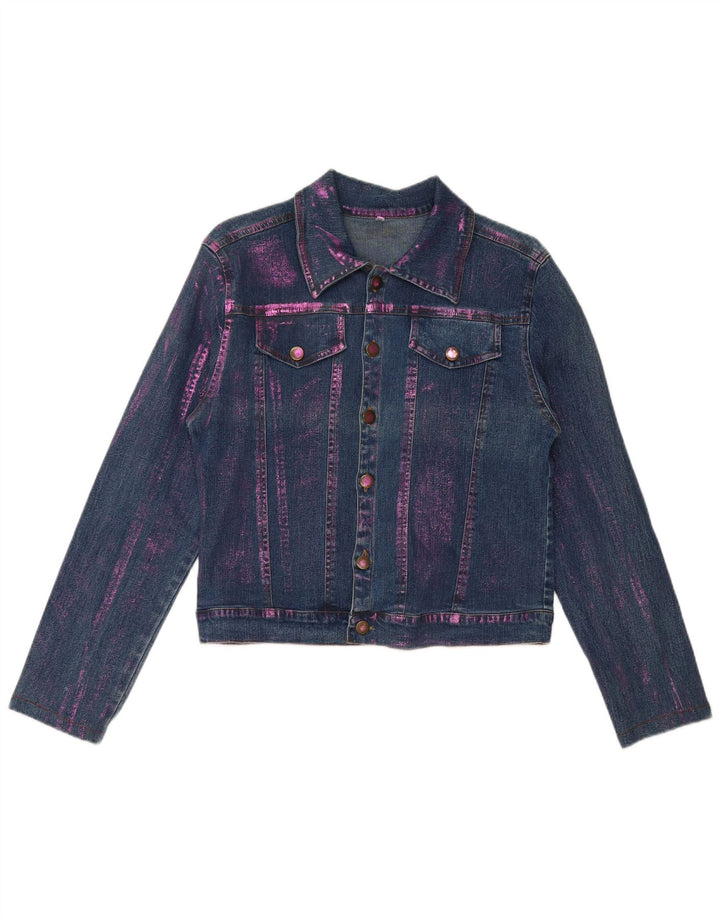 Vintage Γυναικείο Crop Τζιν Μπουφάν UK 12 Medium Blue Tie Dye Cotton