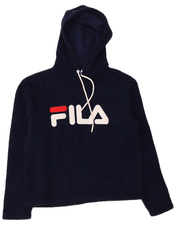 Γυναικεία γραφικά FILA με κουκούλα Fleece Jumper UK 14 Medium Navy Blue Polyester