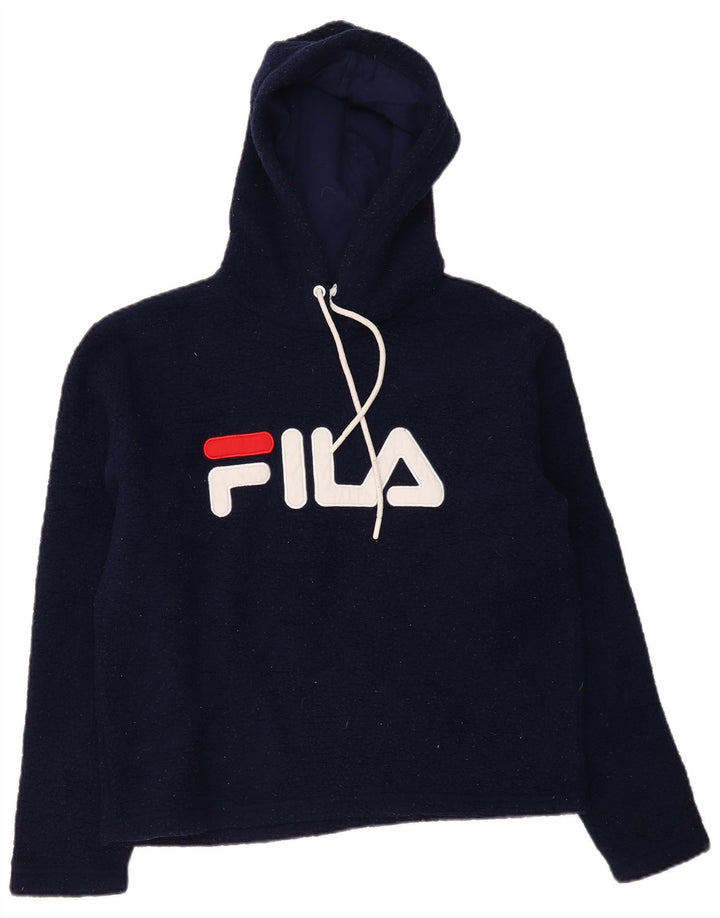 Γυναικεία γραφικά FILA με κουκούλα Fleece Jumper UK 14 Medium Navy Blue Polyester