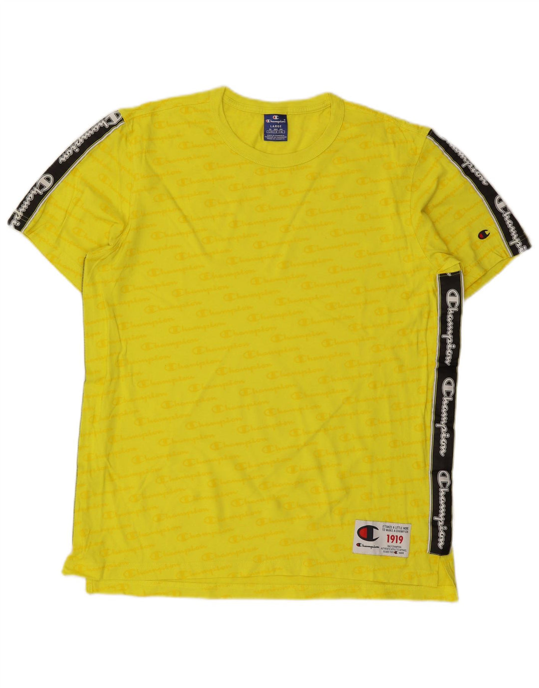 CHAMPION Ανδρικό γραφικό T-Shirt Top Large Yellow Colourblock Βαμβακερό