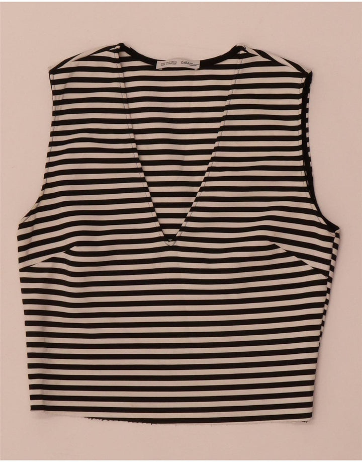 Zara Γυναικείο Αμάνικο Crop Top UK 8 Small Black ριγέ