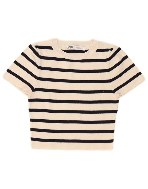 Zara Γυναικείο T-Shirt T-Shirt UK 8 Small Off White ριγέ βισκόζη