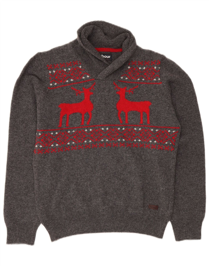 BARBOUR Boys Shawl Neck Jumper πουλόβερ 15-16 ετών 2XL Γκρι Fair Isle Wool