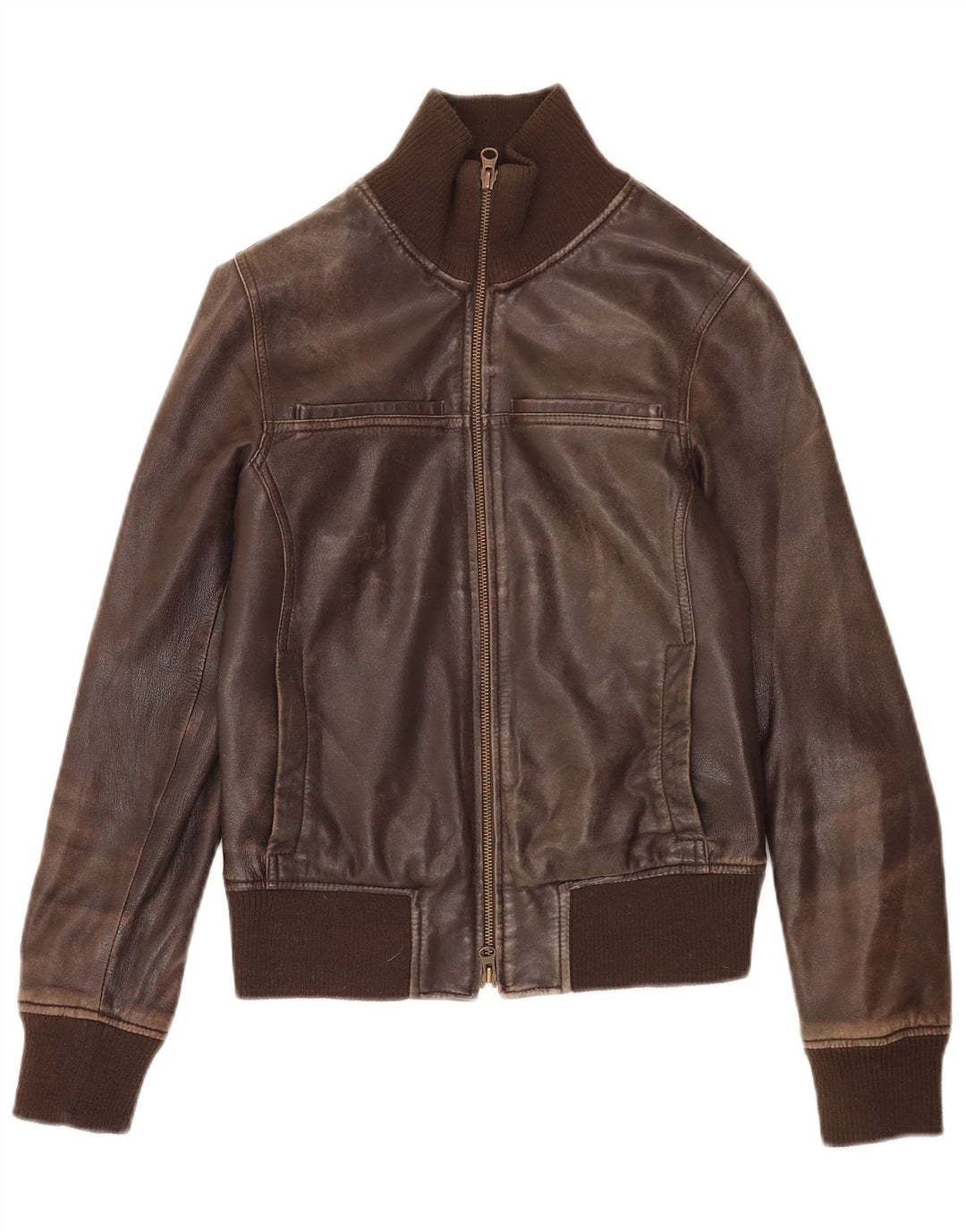 Sisley Γυναικείο Bomber Δερμάτινο Μπουφάν UK 6 XS Καφέ Δερμάτινο
