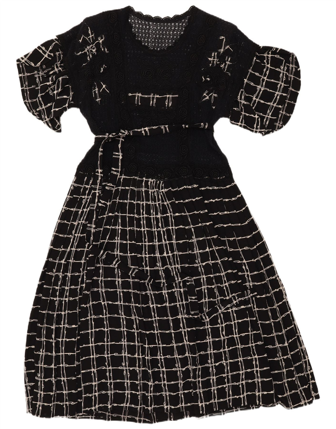 VINTAGE Γυναικείο μάξι φόρεμα με βελονάκι UK 12 μέτριο μαύρο τσεκ