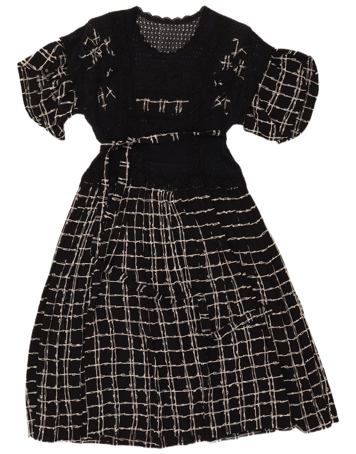 VINTAGE Γυναικείο μάξι φόρεμα με βελονάκι UK 12 μέτριο μαύρο τσεκ