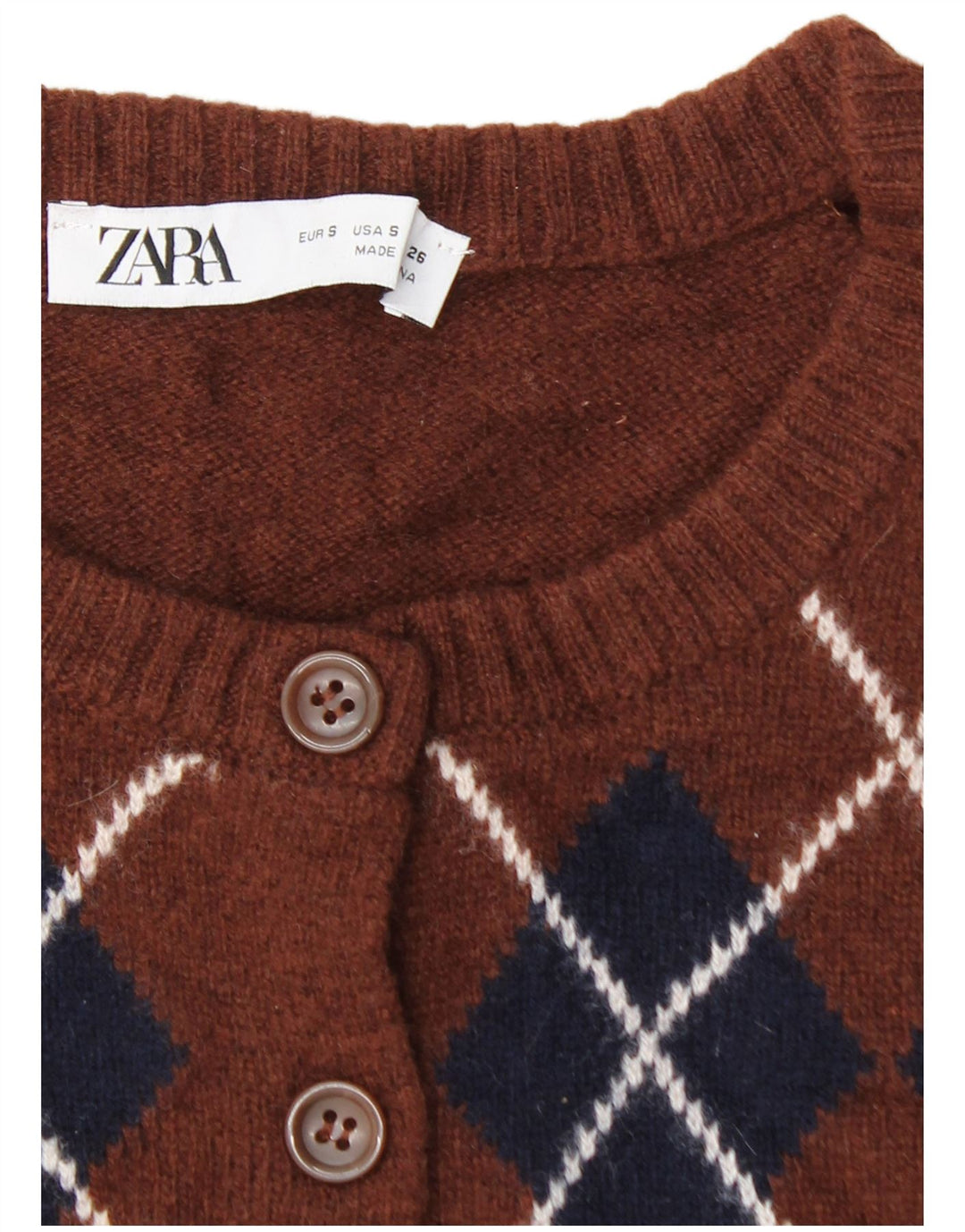 Zara Γυναικείο Αμάνικο Ζακέτα UK 10 Small Brown Argyle/Diamond