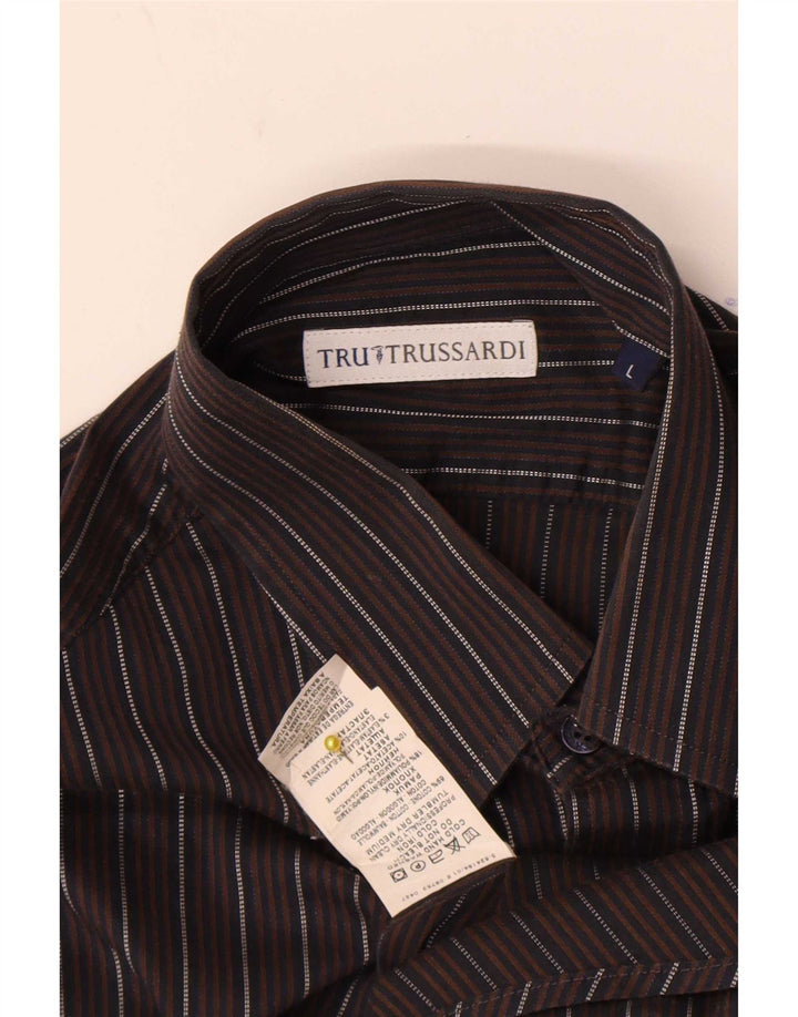 Ανδρικό πουκάμισο Trussardi, μεγάλο καφέ ριγέ βαμβακερό