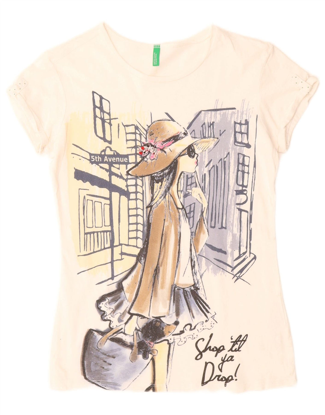 BENETTON Γραφικό T-Shirt για κορίτσια τοπ 11-12 ετών 2XL λευκό βαμβακερό