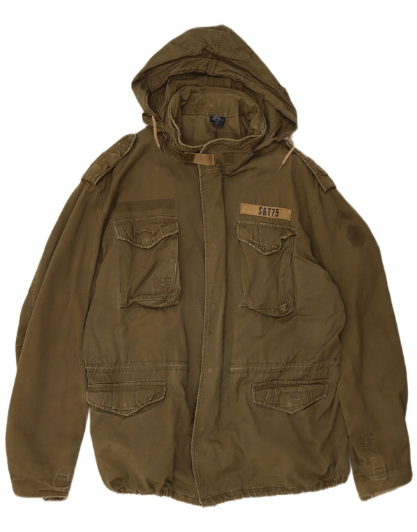 VINTAGE Mens Hooded Military Jacket UK 44 2XL Khaki Cotton