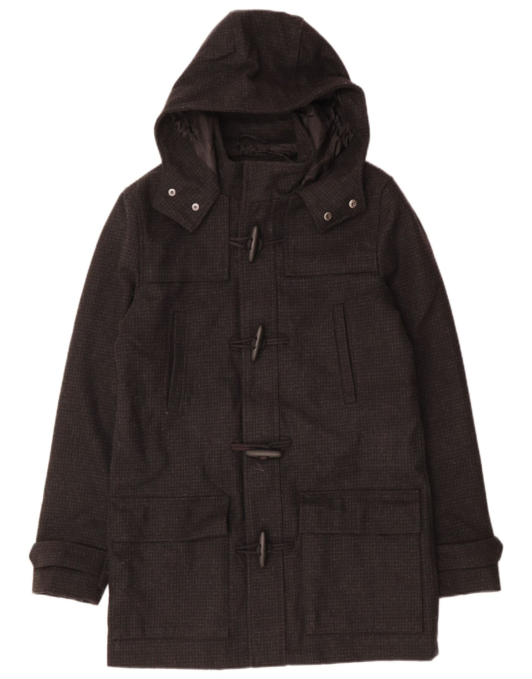 VINTAGE Ανδρικό παλτό Duffle με κουκούλα UK 38 Medium Black Houndstooth