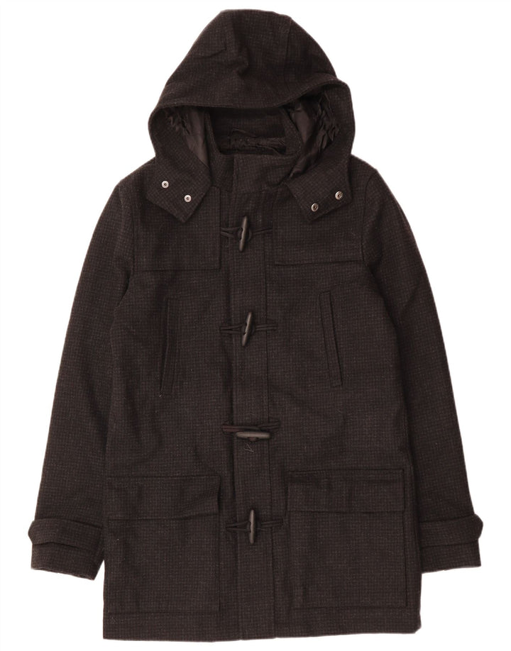 VINTAGE Ανδρικό παλτό Duffle με κουκούλα UK 38 Medium Black Houndstooth