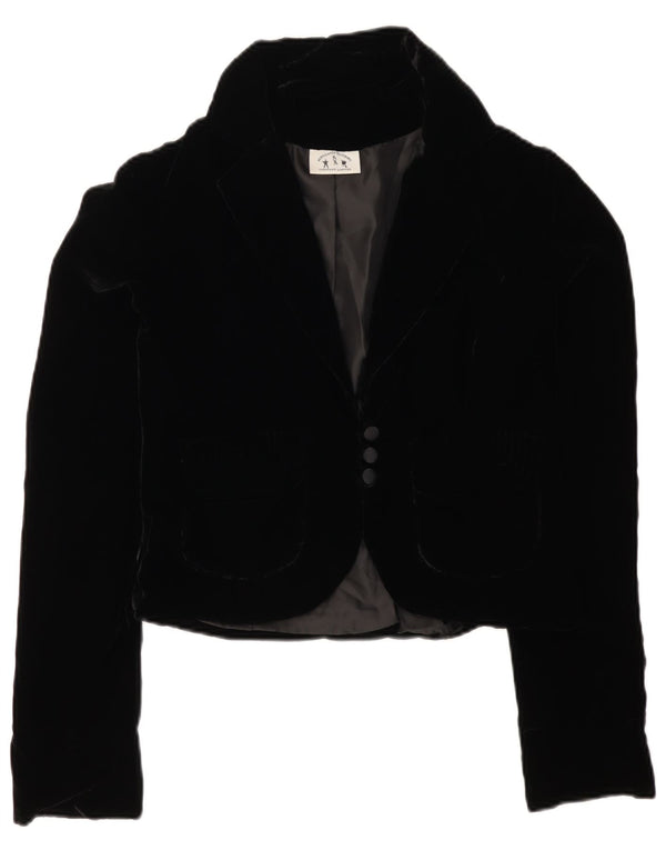 VINTAGE Womens 3 Button Velvet Blazer Jacket UK 12 Medium Black