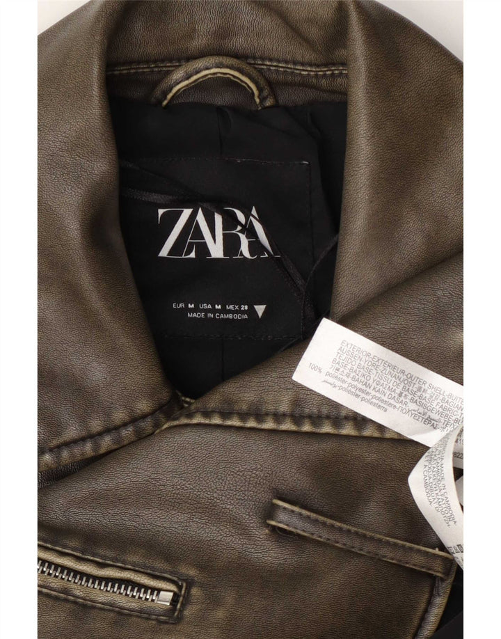 Zara Womens Crop Faux Leather Biker Jacket UK 14 Medium Khaki Polyester