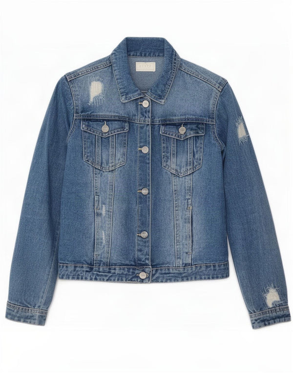 Lipsy Girls Distressed Denim Jacket 13-14 Years Blue Cotton