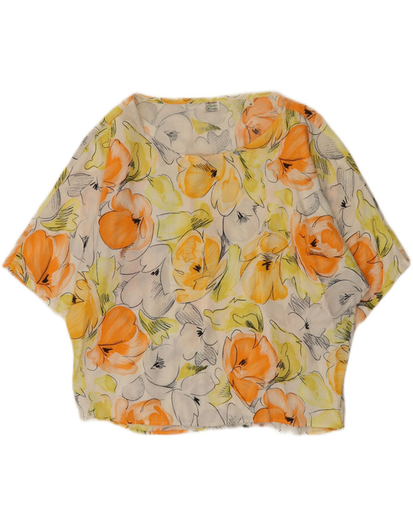 Vintage γυναικεία υπερμεγέθη μπλούζα τοπ UK 14 Medium Yellow Floral Viscose