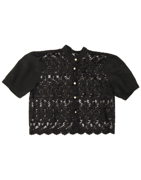 Vintage Γυναικεία Crop See Through Μπλούζα UK 14 Medium Black Floral