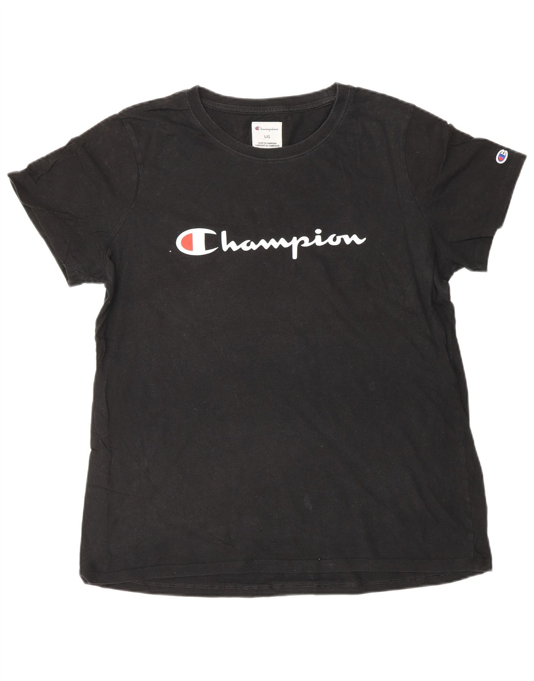 Champion Γυναικείο γραφικό T-Shirt Top UK 16 μεγάλο μαύρο βαμβακερό