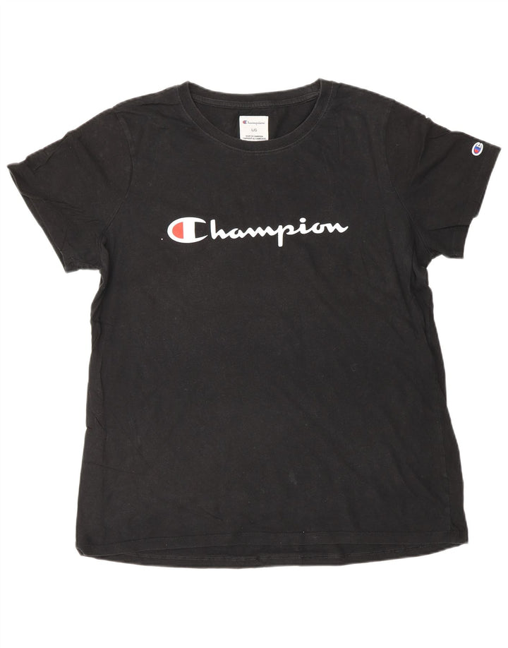 Champion Γυναικείο γραφικό T-Shirt Top UK 16 μεγάλο μαύρο βαμβακερό