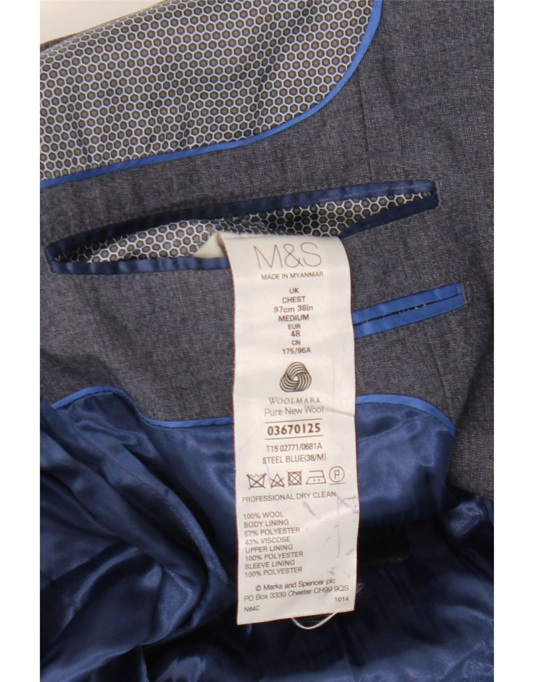 Marks & Spencer Ανδρικό σακάκι σακάκι 1 κουμπιού UK 38 Medium Blue Wool