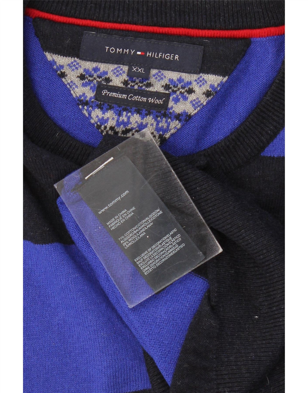 TOMMY HILFIGER Ανδρικό πουλόβερ με λαιμόκοψη 2XL, μαύρο ριγέ βαμβακερό