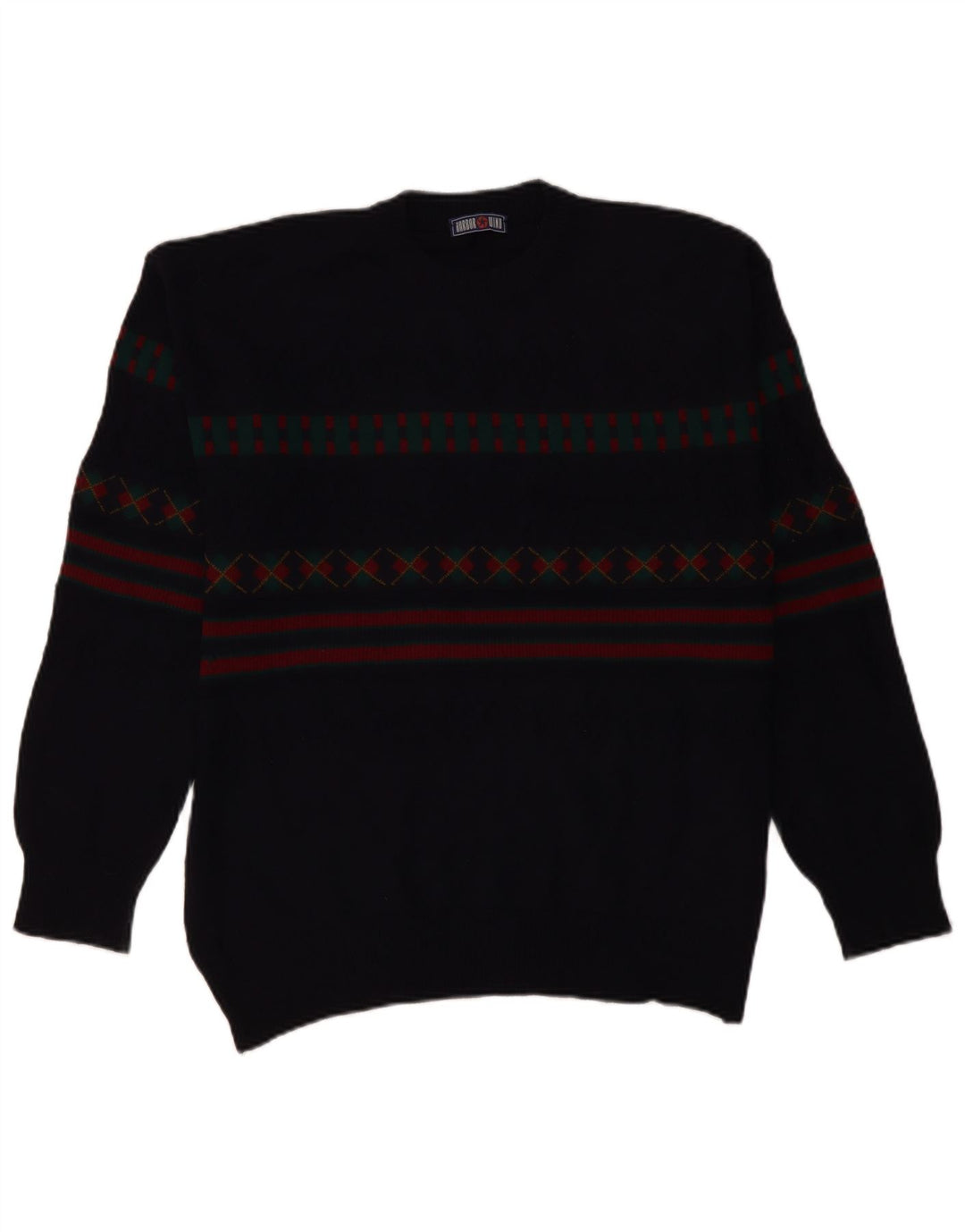 VINTAGE Ανδρικό πουλόβερ με λαιμόκοψη IT 50 Μεγάλο Navy Blue γεωμετρικό