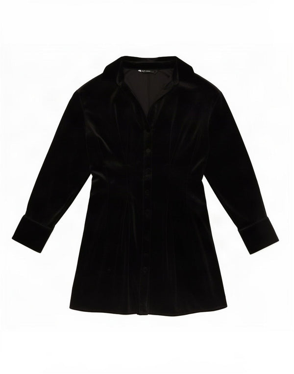 Zara Womens Long Sleeve Velour Shirt Dress UK 10 Small Black Polyester