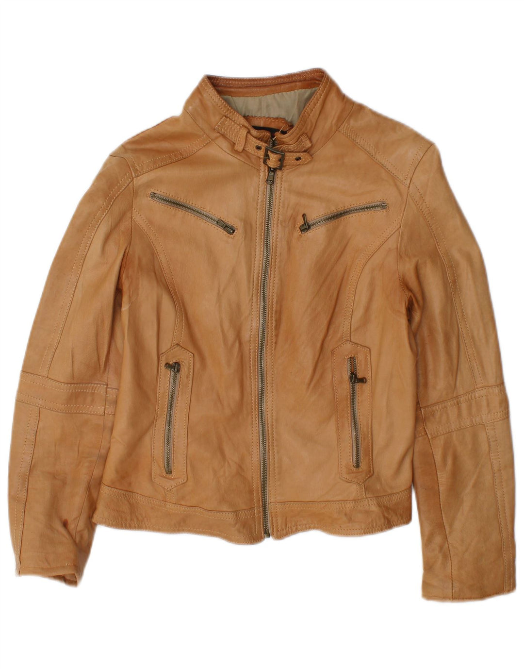 Sandro Ferrone Γυναικείο Crop Δερμάτινο Μπουφάν UK 14 Large Brown Δερμάτινο