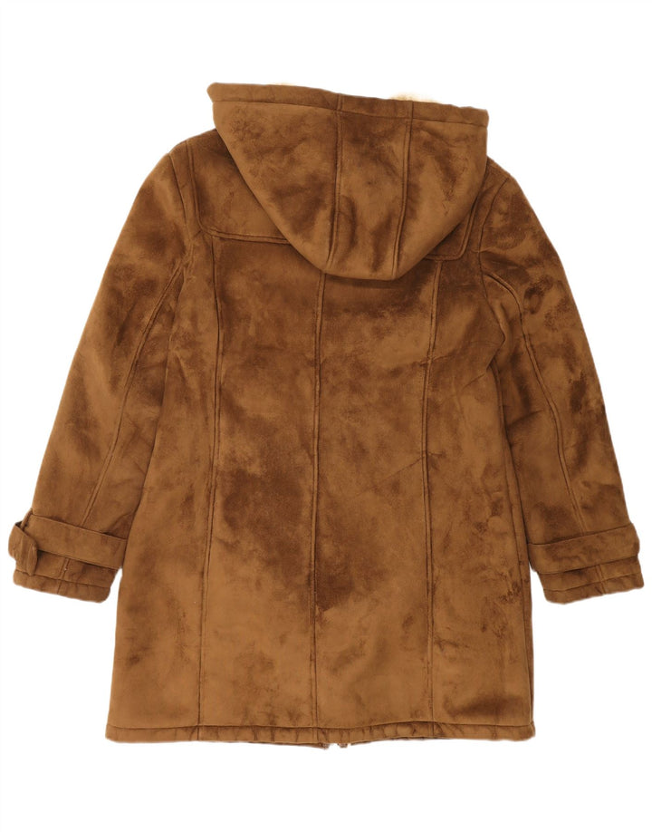 DAVID MOORE Womens Hooded Sherpa Overcoat UK 14 Large Brown Polyester