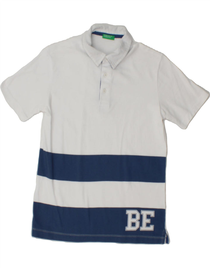 BENETTON Mens Graphic Polo Shirt Small White Striped Vintage Benetton and Second-Hand Benetton from Messina Hembry 