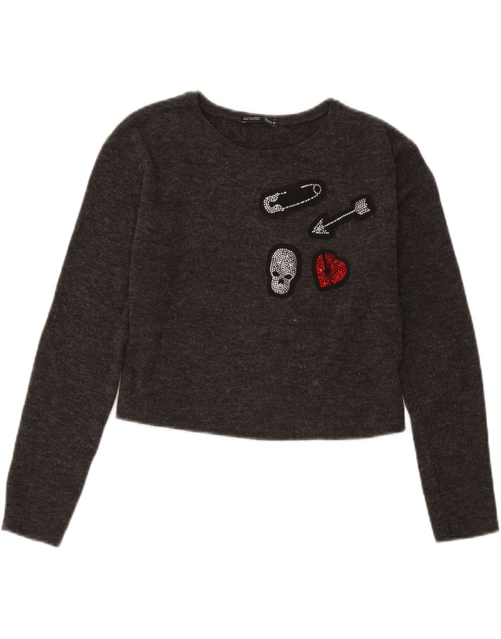 Zara Γυναικείο τοπ μακρυμάνικο Crop Graphic UK 10 Small Grey