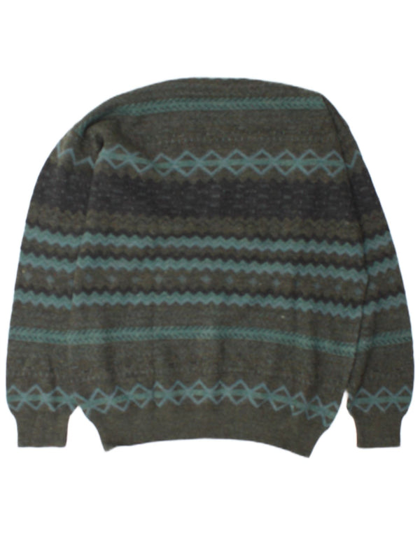 Rodes Mens V-Neck Jumper Sweater XL Green Geometric Wool