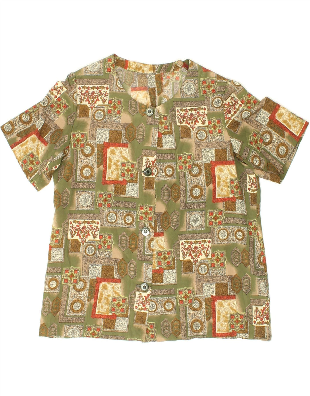 VINTAGE Womens Short Sleeve Shirt Blouse UK 14 Large Green Patchwork Vintage Vintage and Second-Hand Vintage from Messina Hembry 
