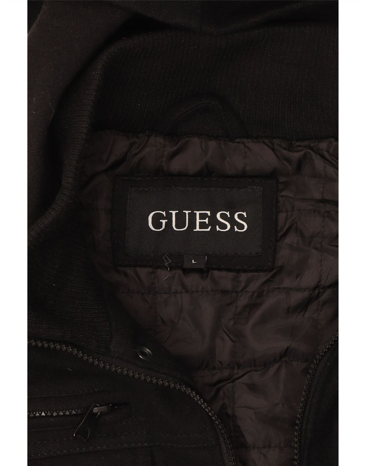 GUESS Mens Hooded Windbreaker Jacket UK 40 Large Black Wool