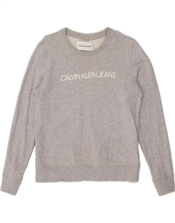 CALVIN KLEIN JEANS Womens Graphic Sweatshirt Jumper UK 14 Medium Grey Vintage Calvin Klein Jeans and Second-Hand Calvin Klein Jeans from Messina Hembry 
