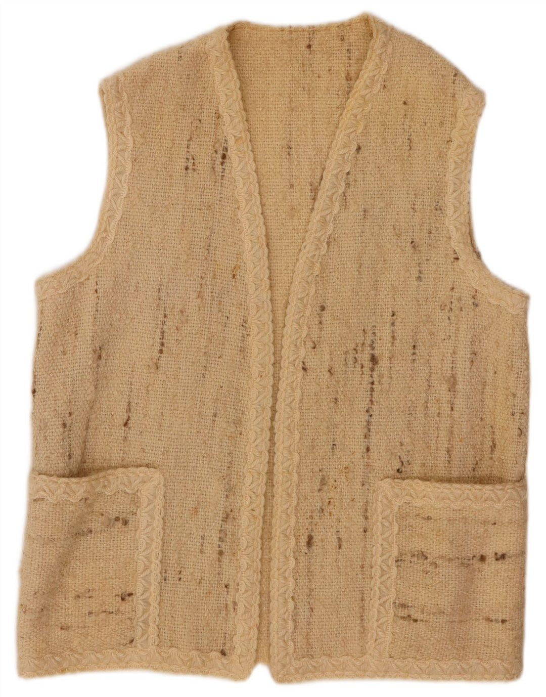 VINTAGE Γυναικείο αμάνικο ανοιχτό πουλόβερ ζακέτα UK 16 Μεγάλο μπεζ φλεκ