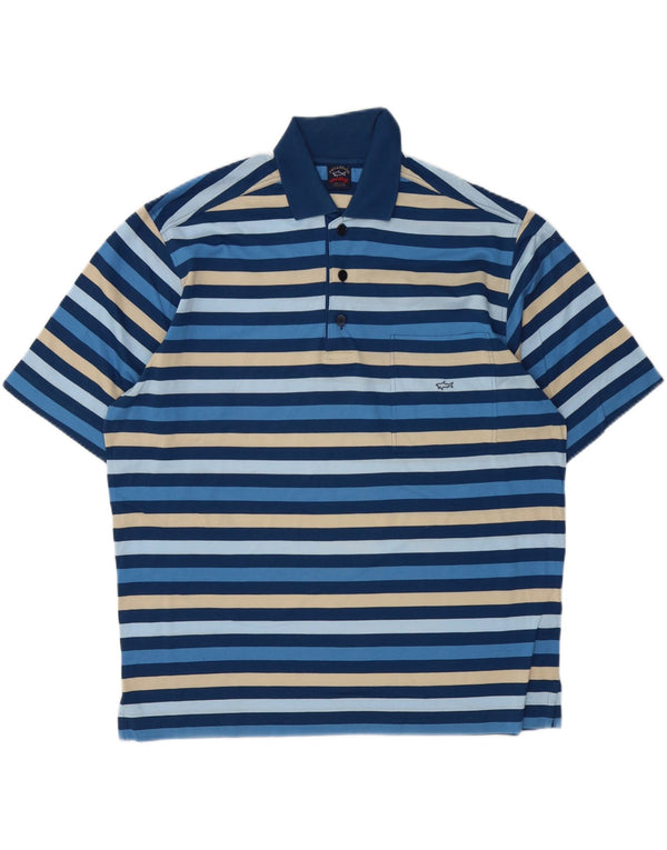 PAUL & SHARK Mens Yachting Rugby Polo Shirt Large Blue Striped Cotton