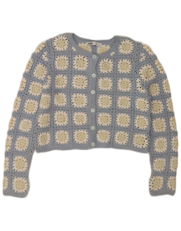 Zara Γυναικείο Crop Crochet Cardigan πουλόβερ UK 14 Medium Blue Floral