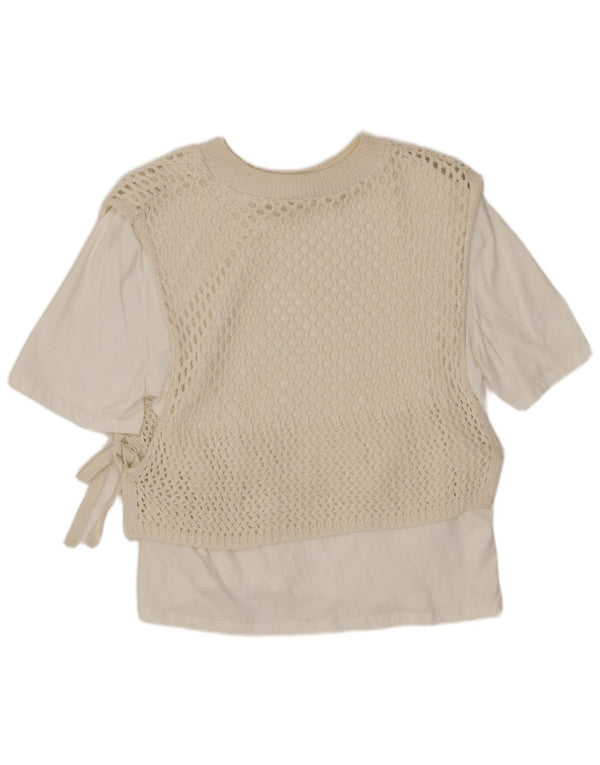 Zara Γυναικεία Crop Crochet Μπλούζα Τοπ UK 14 Medium Off White Βαμβακερό