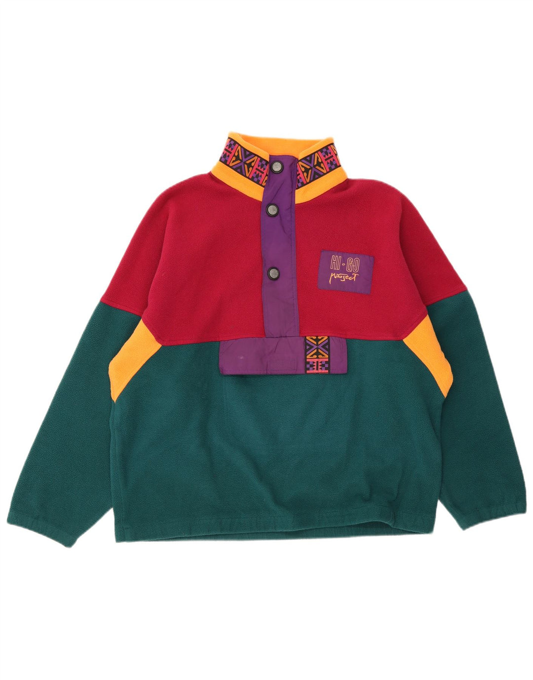 Vintage ανδρικό κουμπιά Fleece Jumper Μεγάλο πολύχρωμο Colourblock