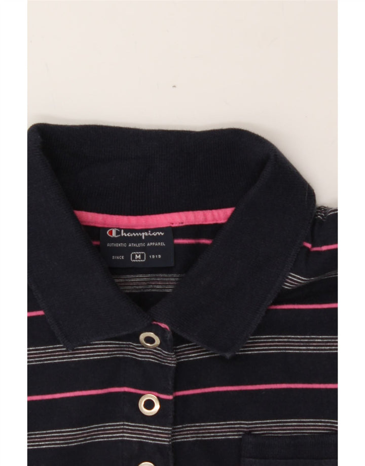 CHAMPION Womens Polo Shirt UK 12 Medium Navy Blue Striped Vintage Champion and Second-Hand Champion from Messina Hembry 