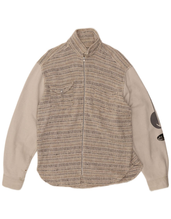 VINTAGE Mens Graphic Bomber Jacket UK 44 2XL Beige Striped Wool