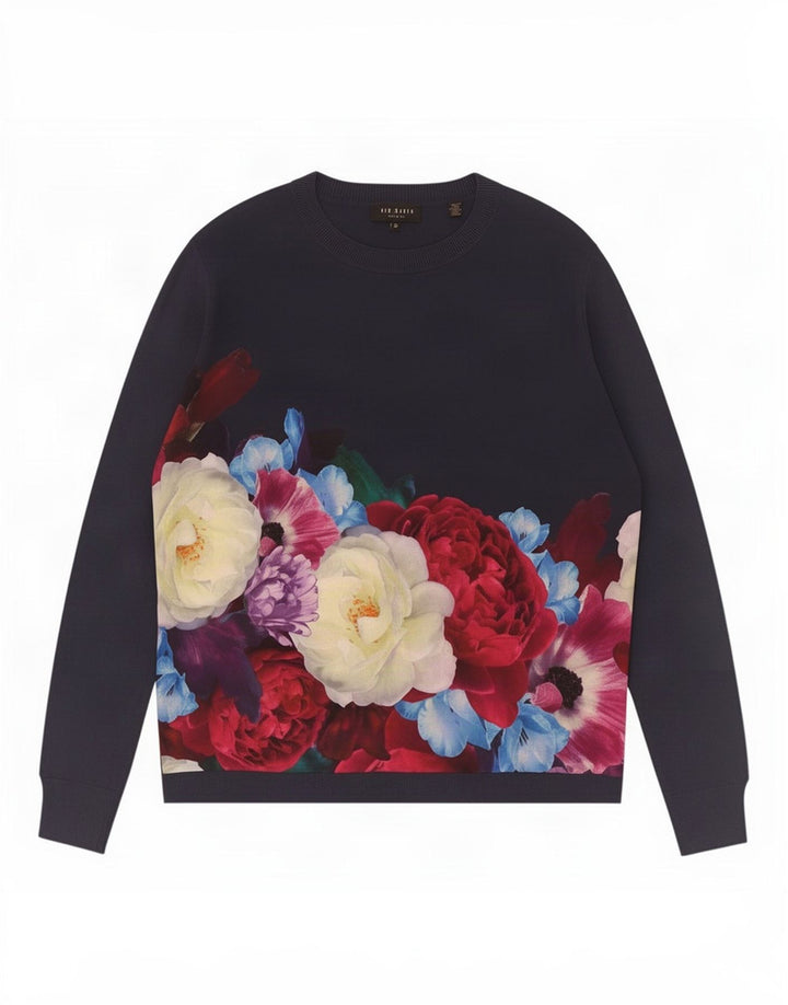 Ted Baker Γυναικείο πουλόβερ με λαιμό καραβάκι, Μέγεθος 3, Medium Navy Blue Floral