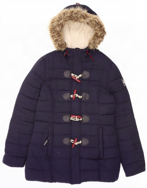 Superdry Womens Hooded Padded Duffle Jacket UK 12 Medium Navy Blue