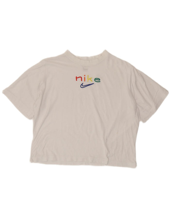 Γυναικείο μπλουζάκι Nike Dri Fit μεγάλου μεγέθους γραφικό κορυφαίο UK 10 Small White