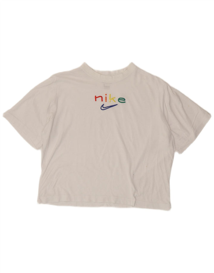 Γυναικείο μπλουζάκι Nike Dri Fit μεγάλου μεγέθους γραφικό κορυφαίο UK 10 Small White