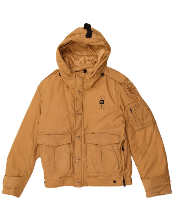 Blauer Mens Hooded Military Bomber Jacket UK 42 XL Beige Polyamide