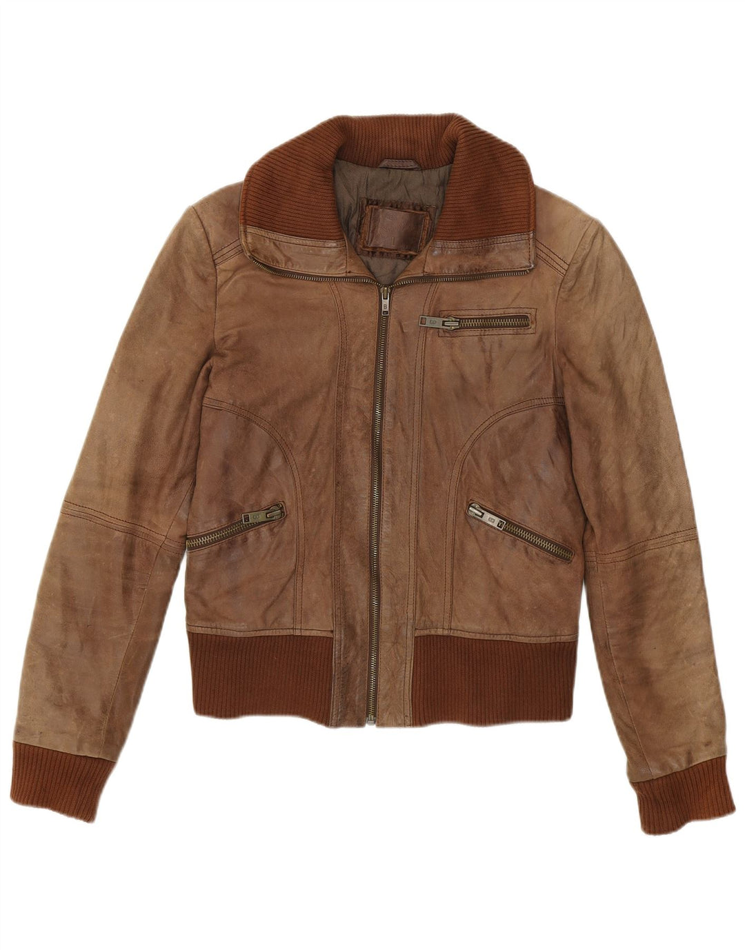 Bershka Γυναικείο Δερμάτινο Bomber Jacket UK 14 Large Brown Δερμάτινο