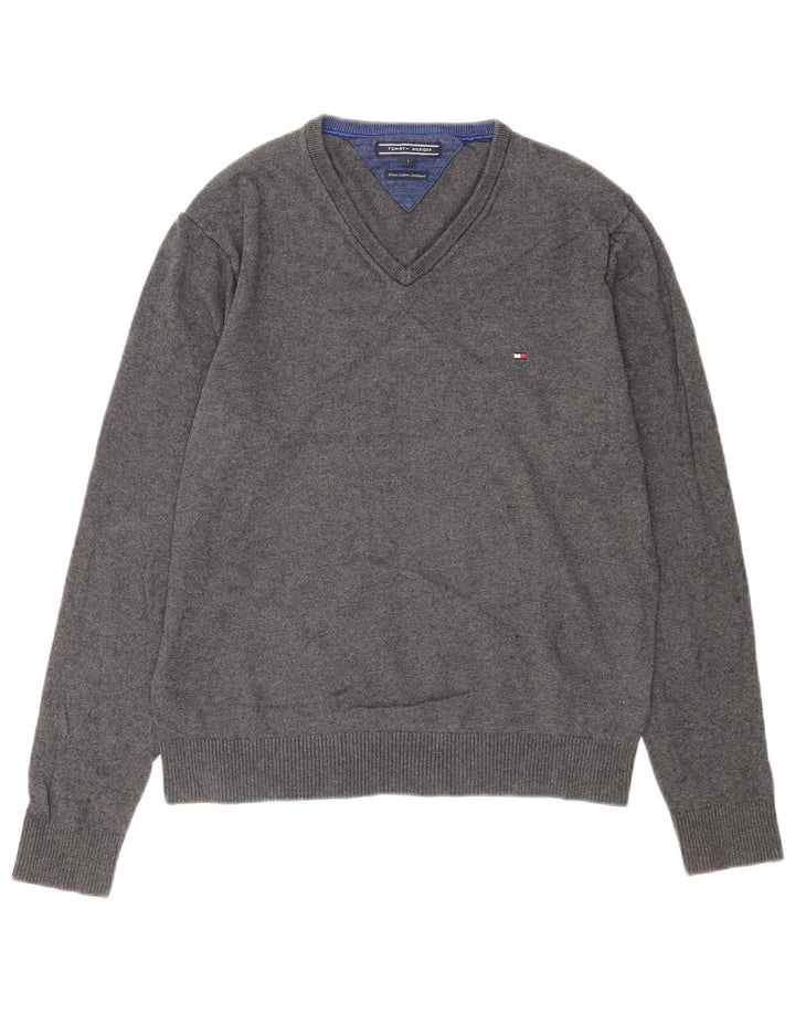 Tommy Hilfiger Ανδρικό πουλόβερ με λαιμόκοψη με λαιμόκοψη μεγάλο γκρι βαμβακερό